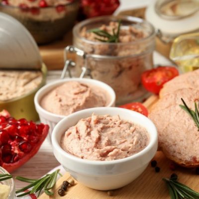 Concept of tasty food with pate, close up